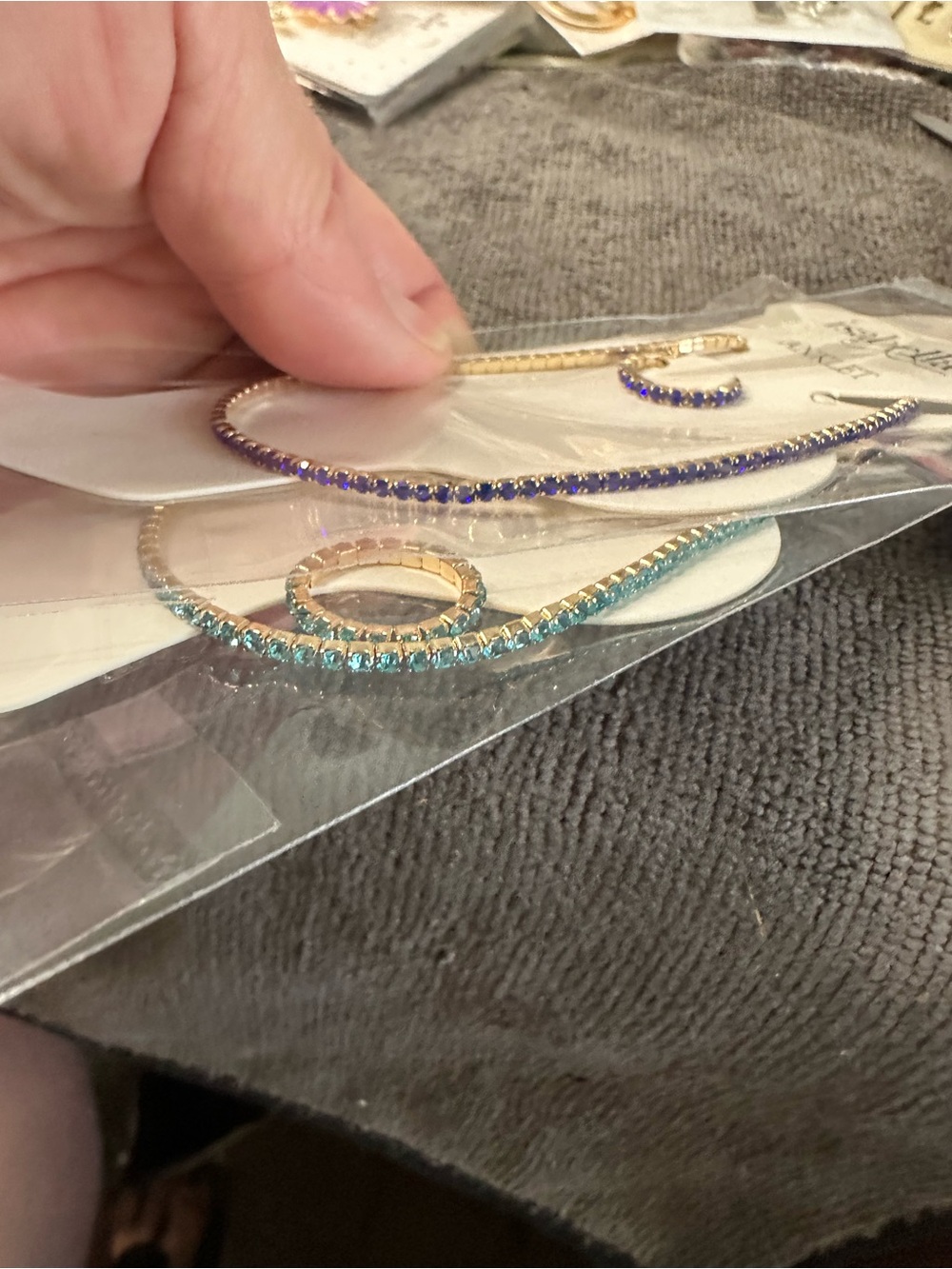 Gold-Tone Blue and Teal Crystal anklet and toe ring set- stretch